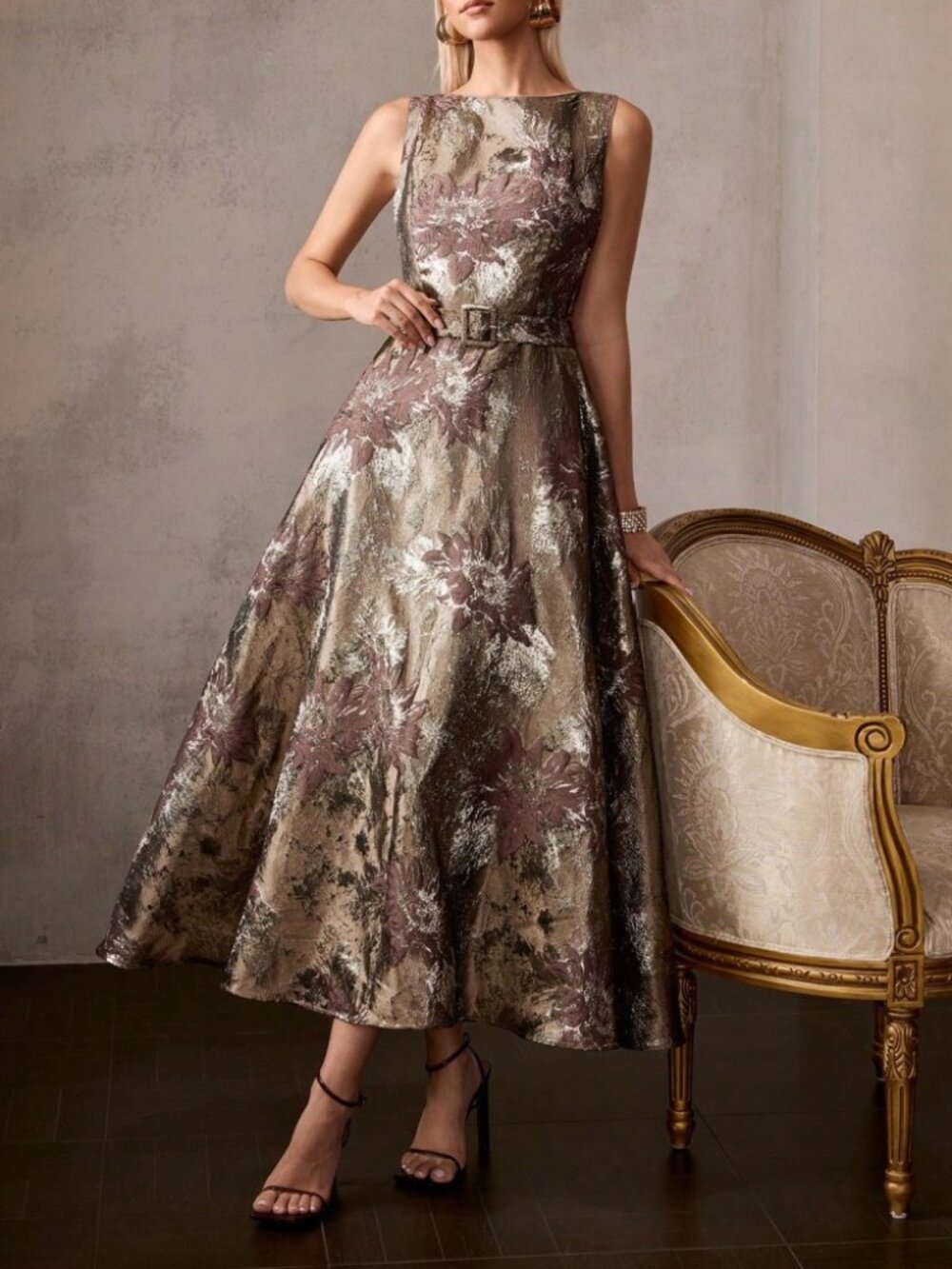 Bronze / Gold / Beige Metallic Floral Jacquard Belted Sleeveless Midi Dress